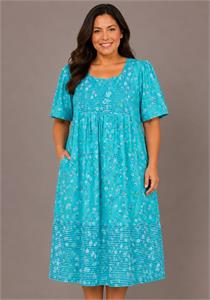 100% Cotton Aqua Floral Printed Short Lounger Dress